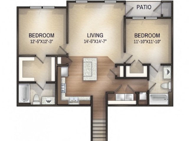 Floor plan for 2 beds, 2 baths, 1162 sqft